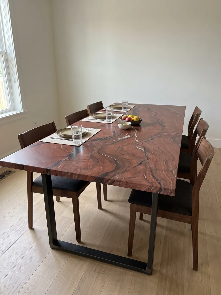 Mesa de comedor con cubierta de cuarcita roja Fusion Red sobre base de acero: rojo ladrillo con ondas oscuras horizontales y una fina veta blanca