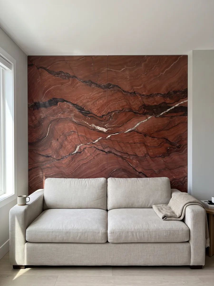 Pared de sala revestida con placas de cuarcita roja Fusion Red abiertas en libro detrás de un sofá: rojo ladrillo con ondas oscuras horizontales y una fina veta blanca