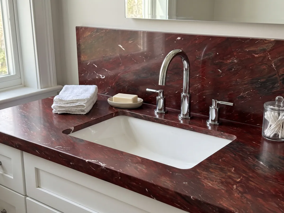 Cubierta de lavabo y pared de baño en cuarcita roja Napoleon Bordeaux con lavamanos blanco y grifería cromada: rojo vino intenso con zonas oscuras y trazos blancos pequeños