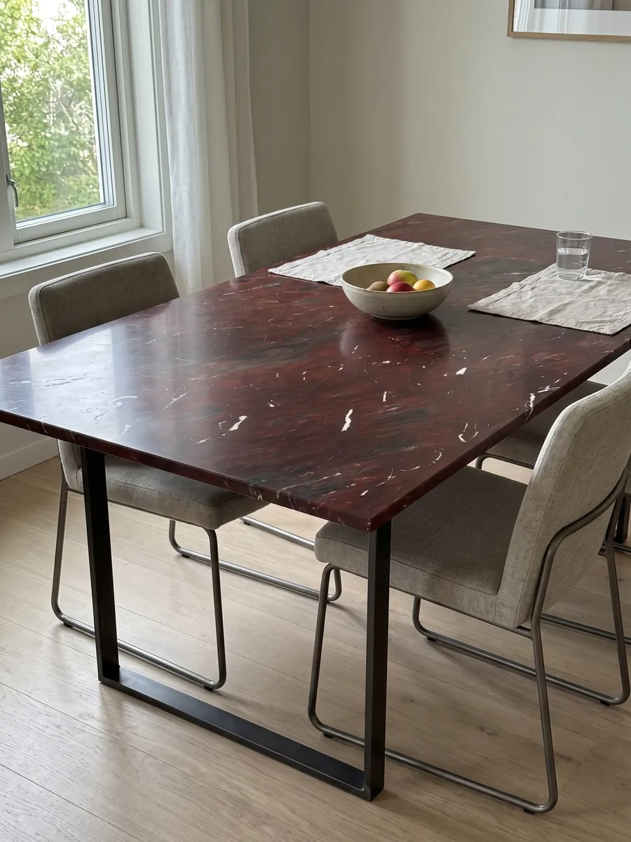 Mesa de comedor con cubierta de cuarcita roja Napoleon Bordeaux sobre base de acero: rojo vino intenso con zonas oscuras y trazos blancos pequeños