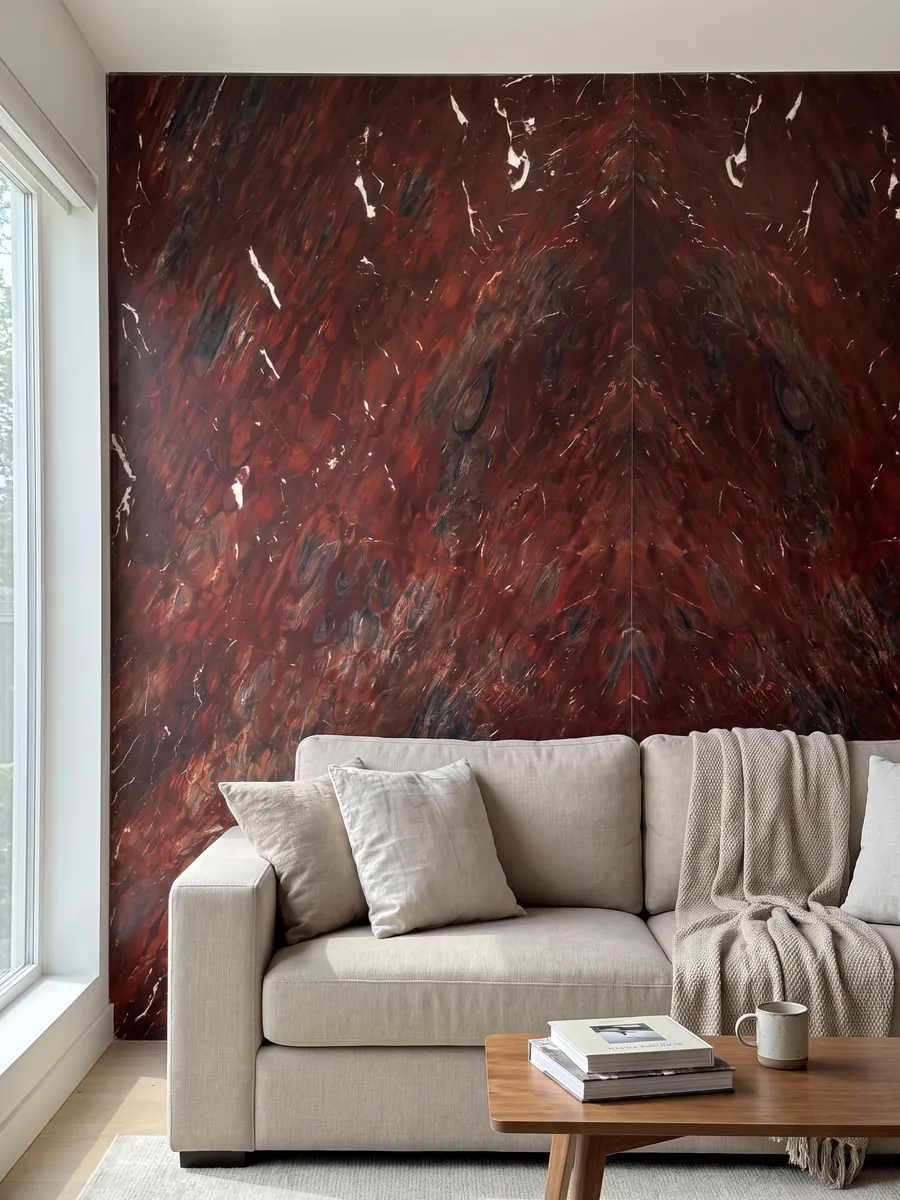 Pared de sala revestida con placas de cuarcita roja Napoleon Bordeaux abiertas en libro detrás de un sofá: rojo vino intenso con zonas oscuras y trazos blancos pequeños