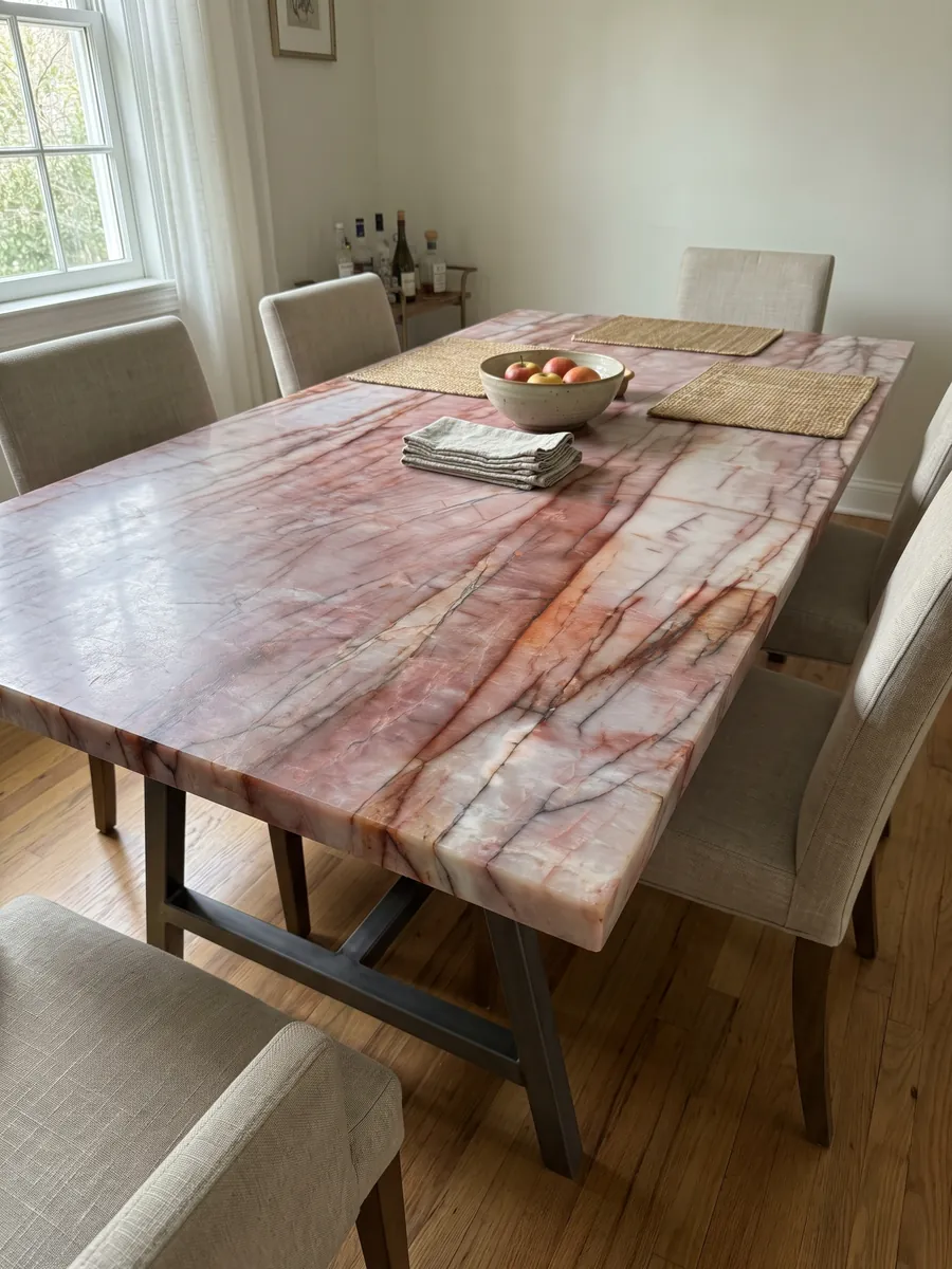 Mesa de comedor con cubierta de cuarcita rosa Juliet sobre base de acero: rosa intenso y blanco con vetas horizontales rojo óxido