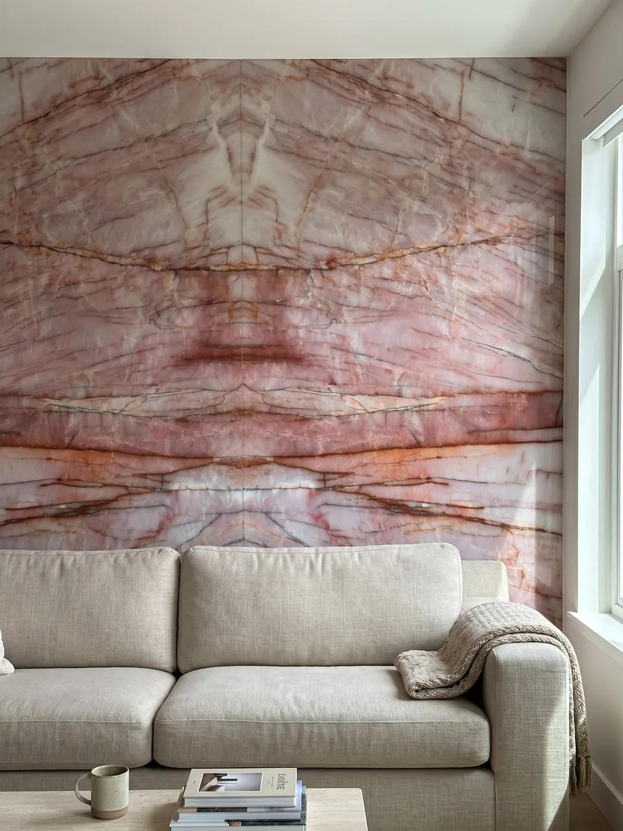 Pared de sala revestida con placas de cuarcita rosa Juliet abiertas en libro detrás de un sofá: rosa intenso y blanco con vetas horizontales rojo óxido