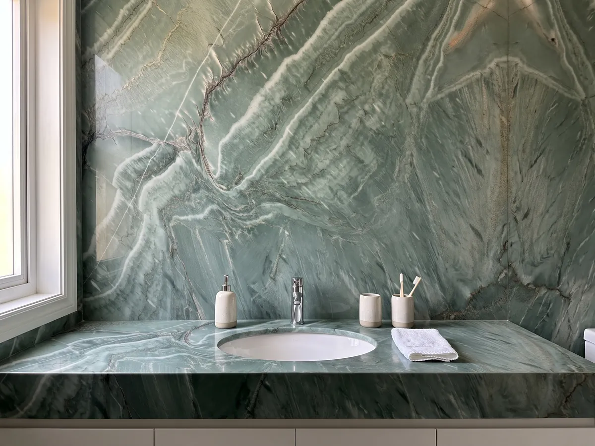 Cubierta de lavabo y pared de baño en cuarcita verde Amazzonia Green con lavamanos blanco y grifería cromada: verde jade con ondas blancas diagonales y vetas oscuras que se cruzan
