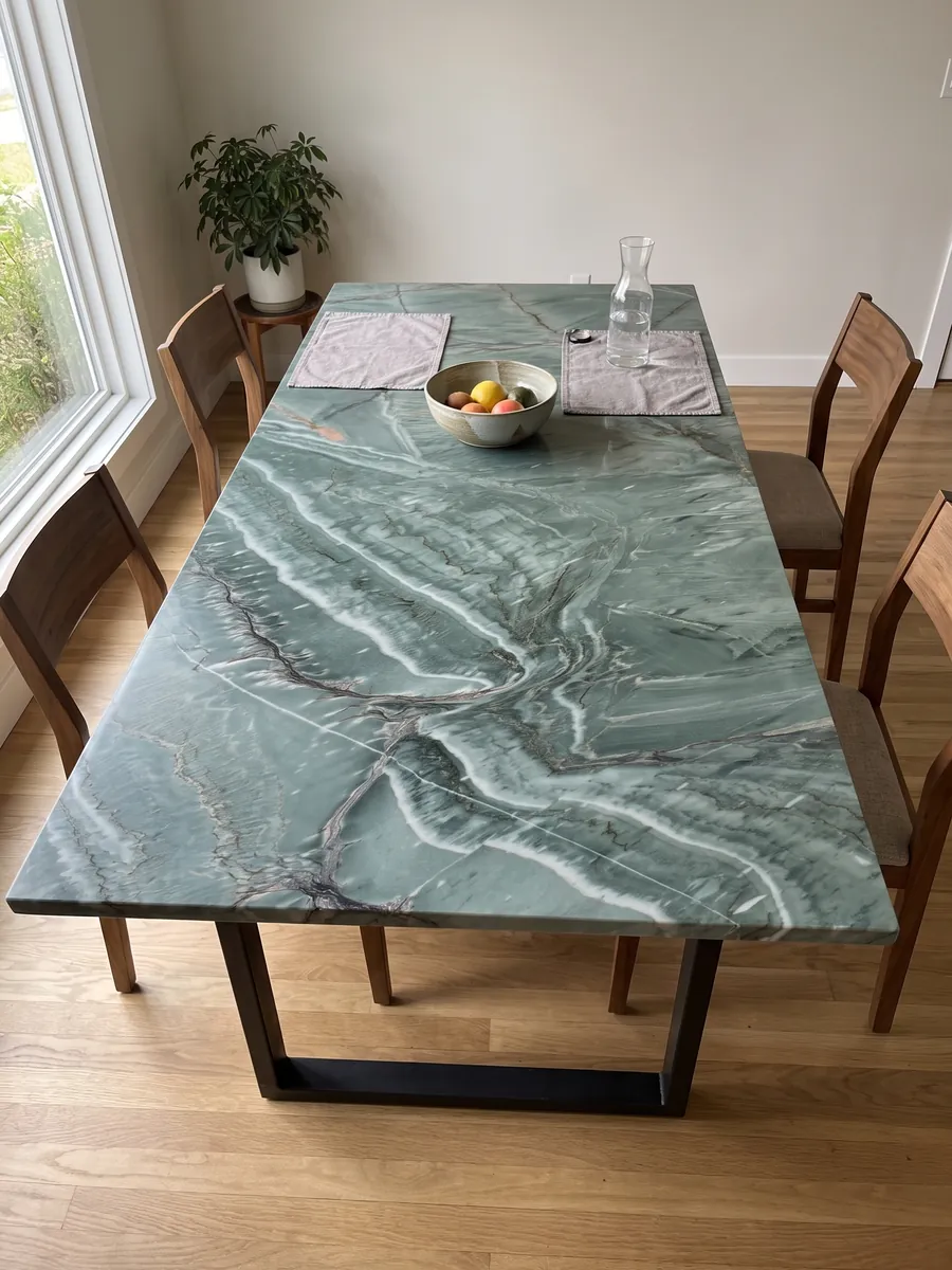 Mesa de comedor con cubierta de cuarcita verde Amazzonia Green sobre base de acero: verde jade con ondas blancas diagonales y vetas oscuras que se cruzan