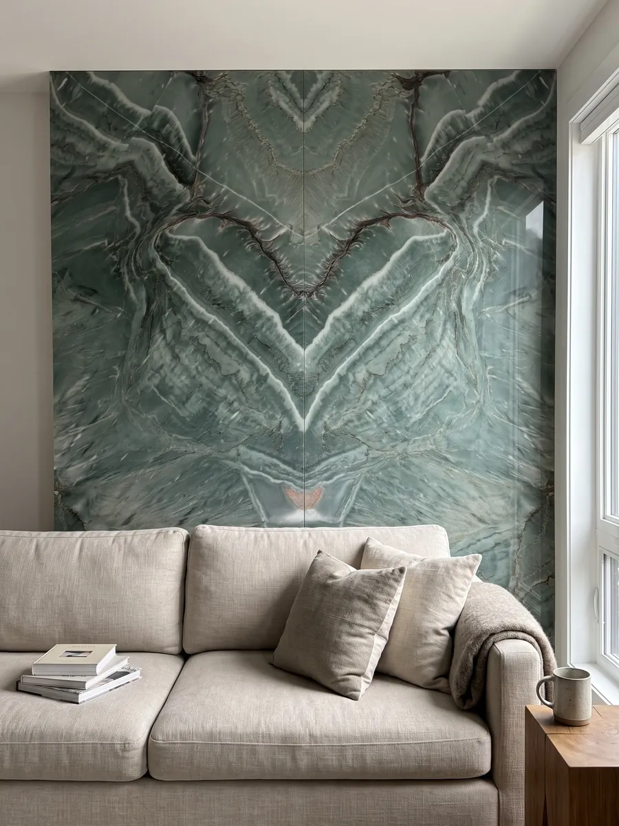 Pared de sala revestida con placas de cuarcita verde Amazzonia Green abiertas en libro detrás de un sofá: verde jade con ondas blancas diagonales y vetas oscuras que se cruzan