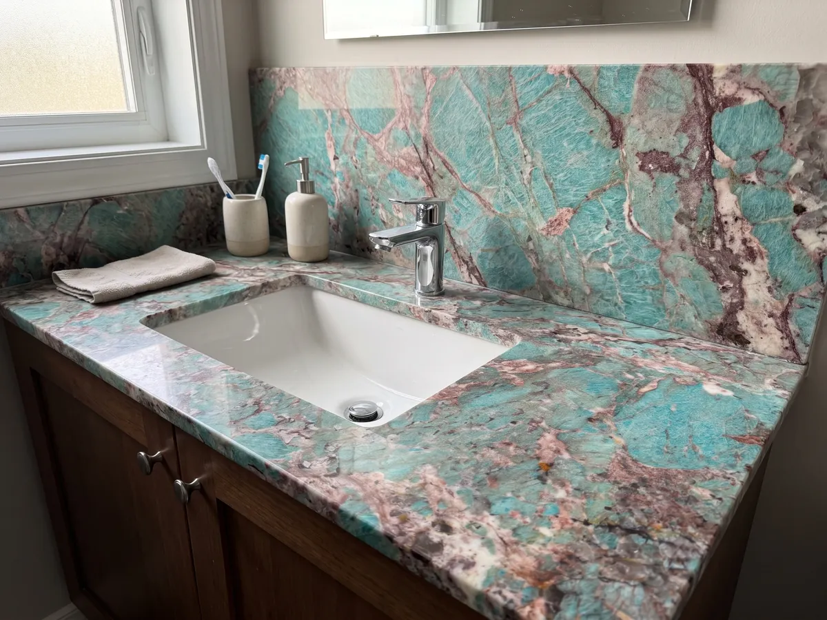 Cubierta de lavabo y pared de baño en cuarcita verde Amazzonite con lavamanos blanco y grifería cromada: manchas turquesa intensas rodeadas de zonas rosadas y burdeos