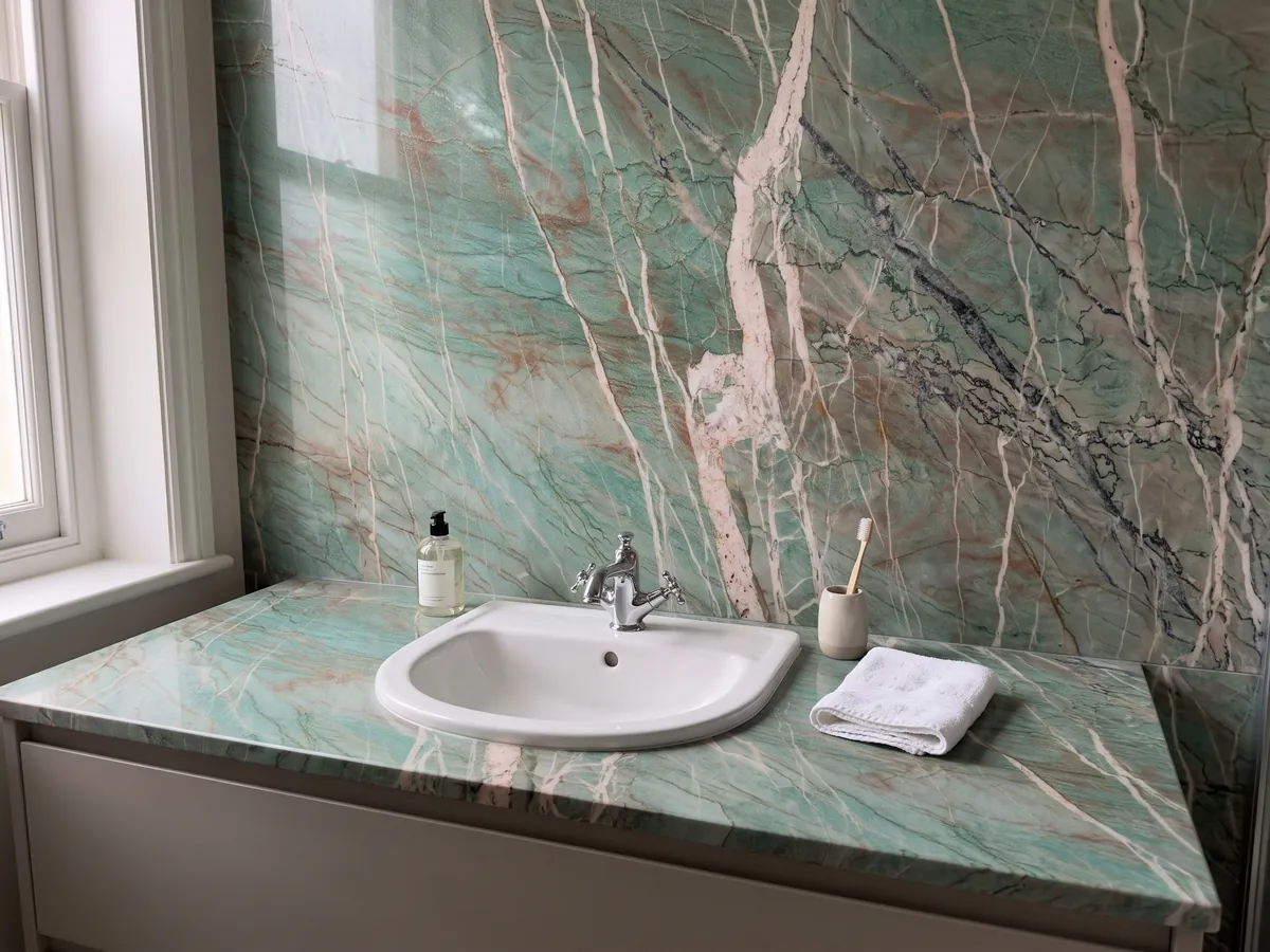 Cubierta de lavabo y pared de baño en cuarcita verde Amazzonite Cristallo con lavamanos blanco y grifería cromada: verde azulado cruzado por vetas blancas rosadas y finas líneas rojizas