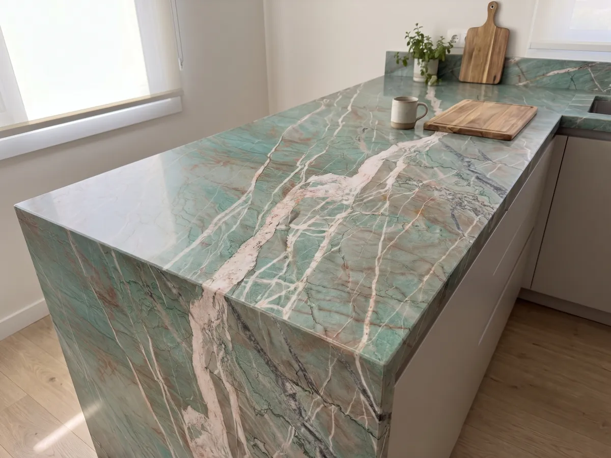 Isla de cocina con cubierta de cuarcita verde Amazzonite Cristallo y canto recto en una cocina con luz natural: verde azulado cruzado por vetas blancas rosadas y finas líneas rojizas