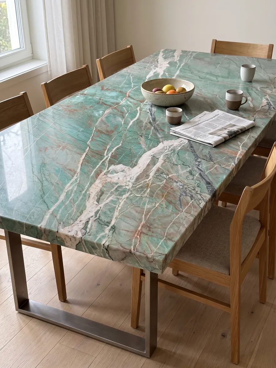 Mesa de comedor con cubierta de cuarcita verde Amazzonite Cristallo sobre base de acero: verde azulado cruzado por vetas blancas rosadas y finas líneas rojizas