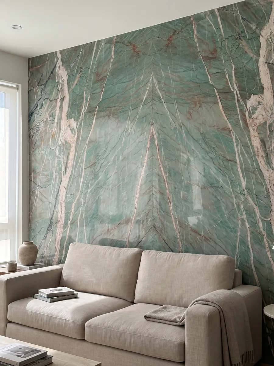 Pared de sala revestida con placas de cuarcita verde Amazzonite Cristallo abiertas en libro detrás de un sofá: verde azulado cruzado por vetas blancas rosadas y finas líneas rojizas