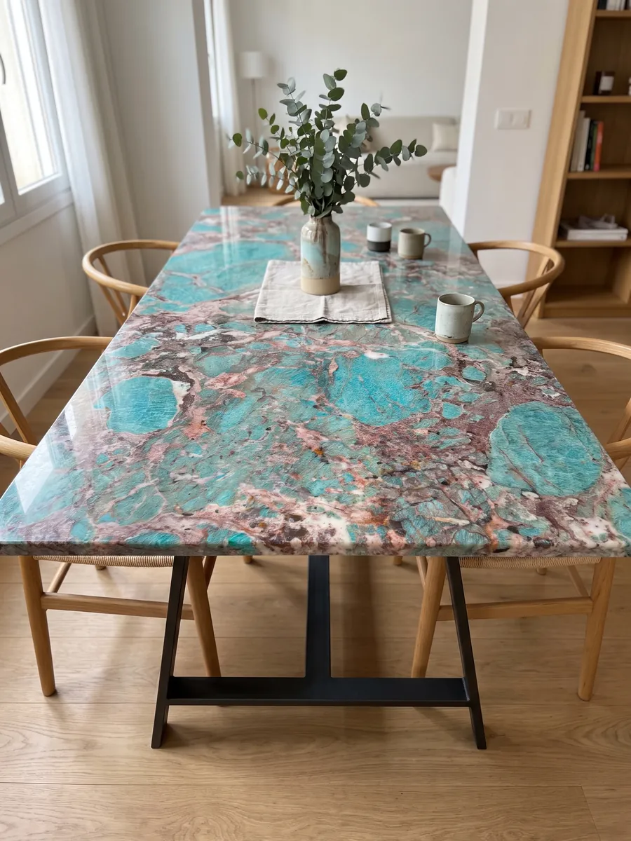Mesa de comedor con cubierta de cuarcita verde Amazzonite sobre base de acero: manchas turquesa intensas rodeadas de zonas rosadas y burdeos