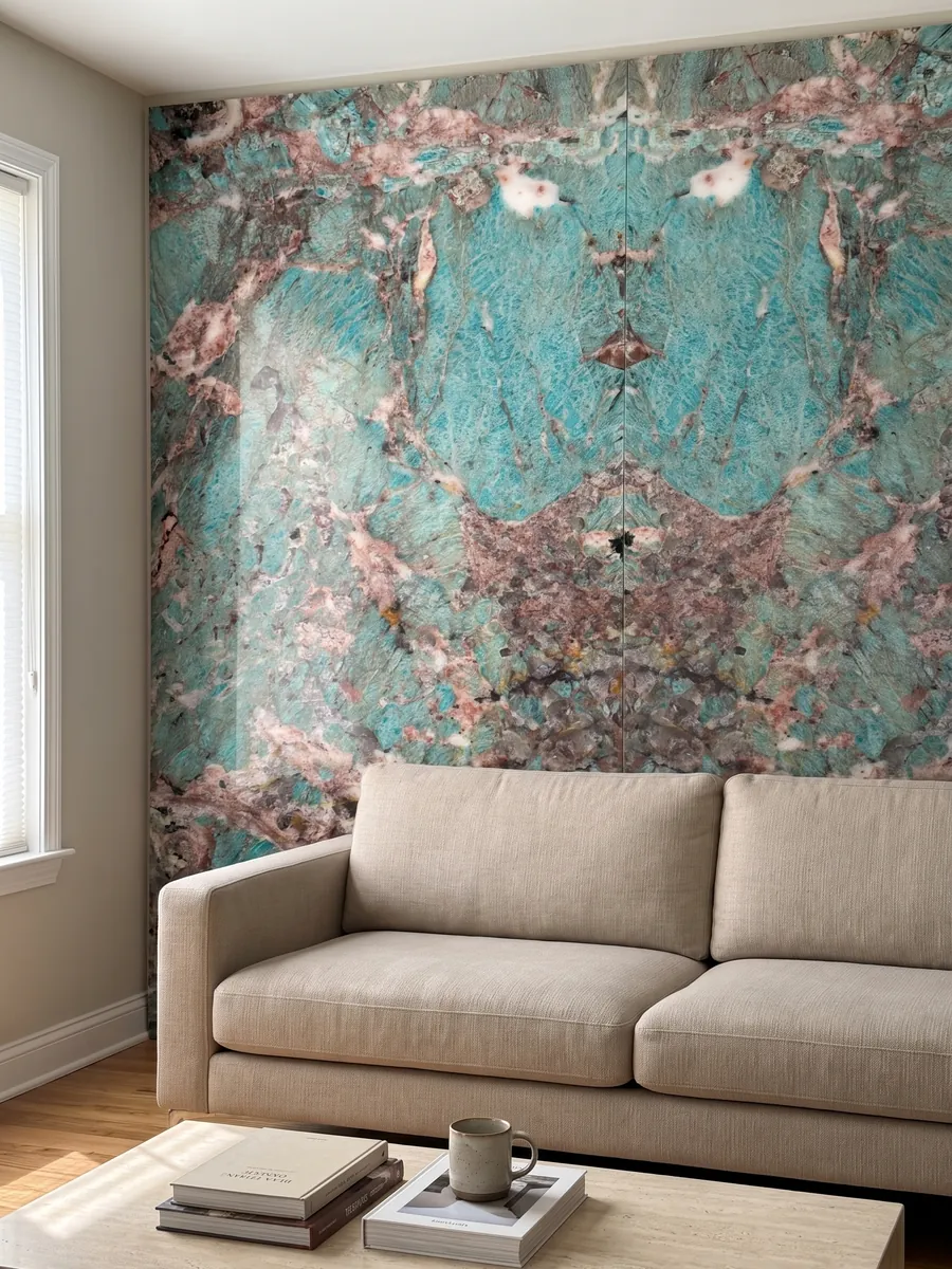 Pared de sala revestida con placas de cuarcita verde Amazzonite abiertas en libro detrás de un sofá: manchas turquesa intensas rodeadas de zonas rosadas y burdeos
