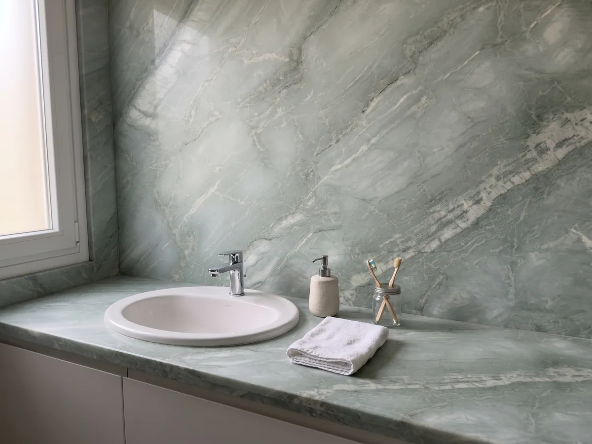 Cubierta de lavabo y pared de baño en cuarcita verde Aquamarina con lavamanos blanco y grifería cromada: verde agua muy claro con vetas blancas diagonales suaves