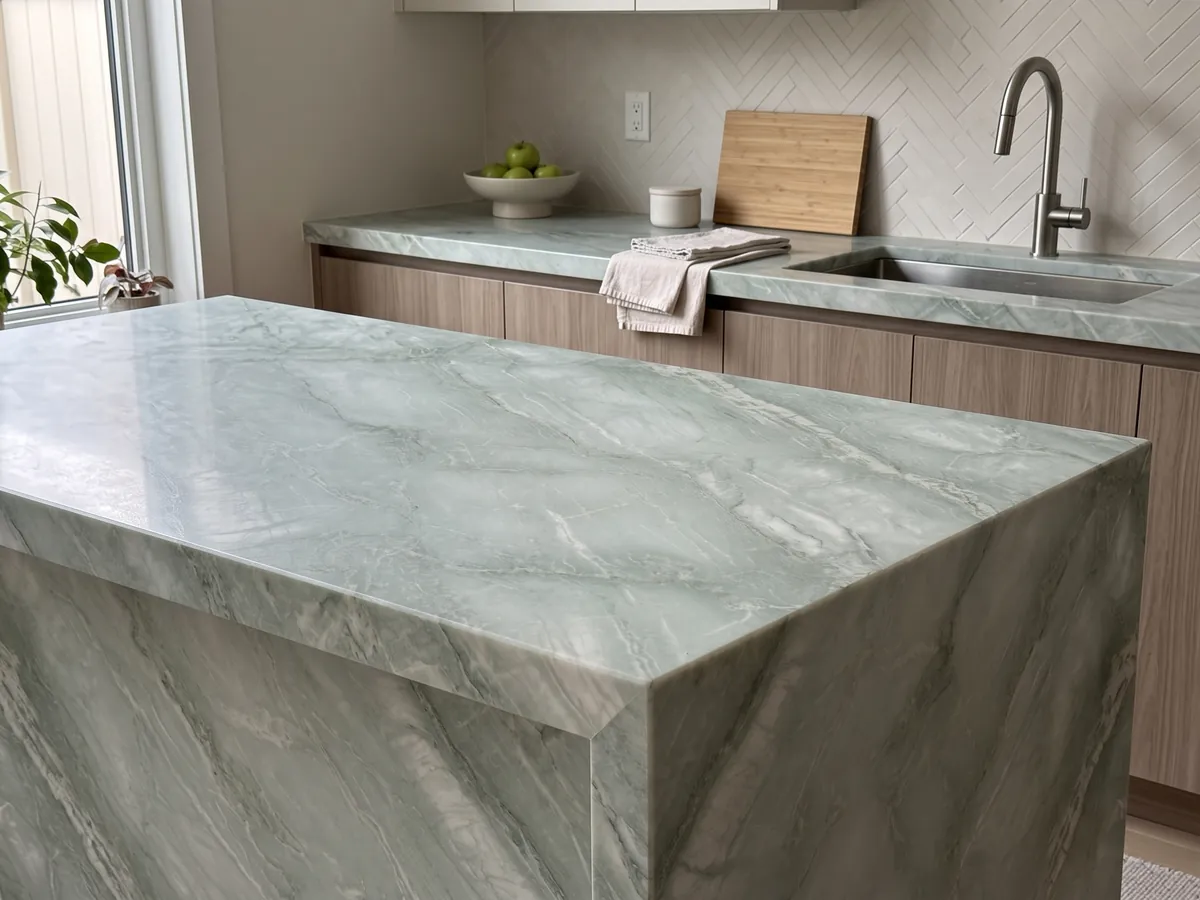 Isla de cocina con cubierta de cuarcita verde Aquamarina y canto recto en una cocina con luz natural: verde agua muy claro con vetas blancas diagonales suaves