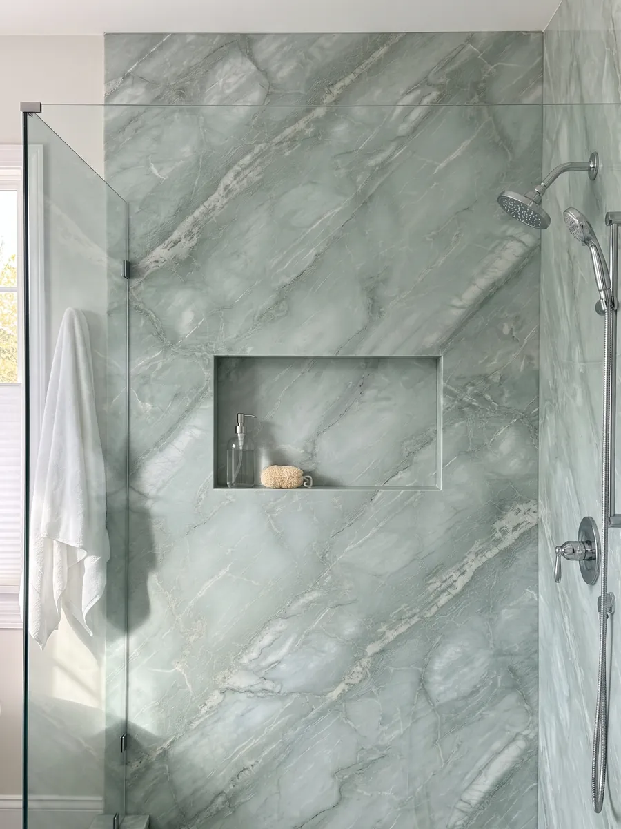 Ducha revestida con placas enteras de cuarcita verde Aquamarina con nicho empotrado: verde agua muy claro con vetas blancas diagonales suaves