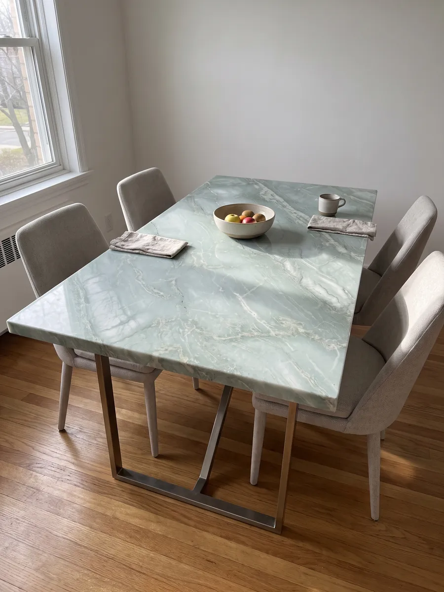 Mesa de comedor con cubierta de cuarcita verde Aquamarina sobre base de acero: verde agua muy claro con vetas blancas diagonales suaves