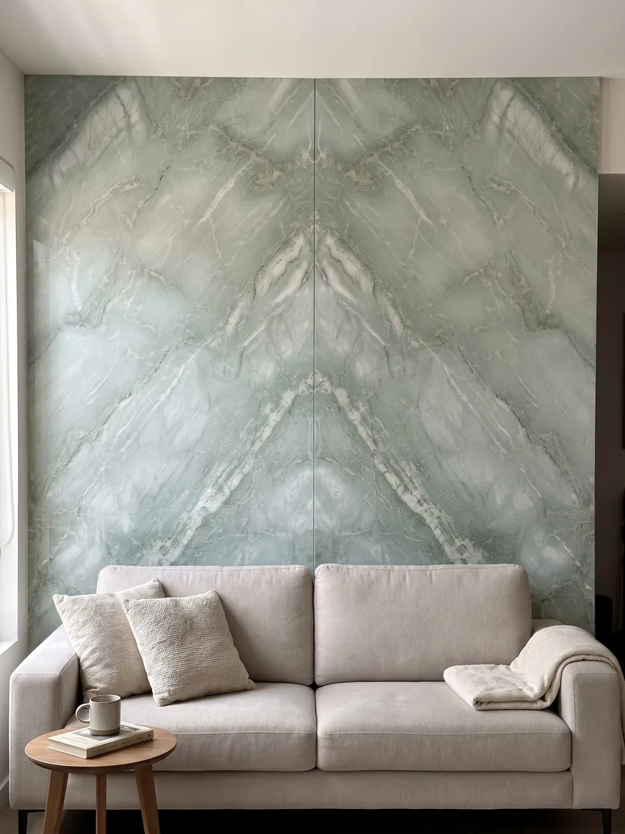 Pared de sala revestida con placas de cuarcita verde Aquamarina abiertas en libro detrás de un sofá: verde agua muy claro con vetas blancas diagonales suaves