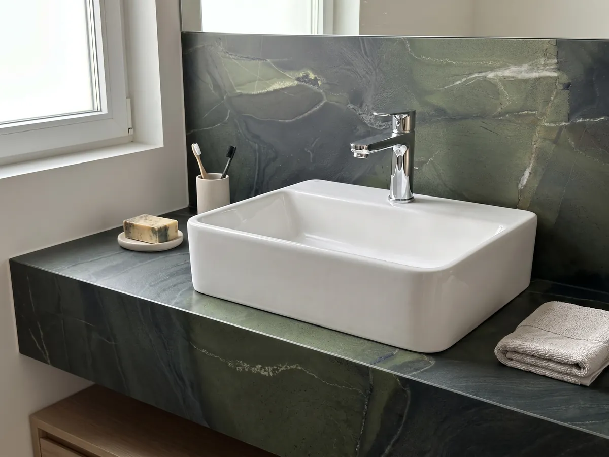 Cubierta de lavabo y pared de baño en cuarcita verde Avocatus con lavamanos blanco y grifería cromada: verde profundo por zonas, cruzado por unas pocas líneas blancas finas
