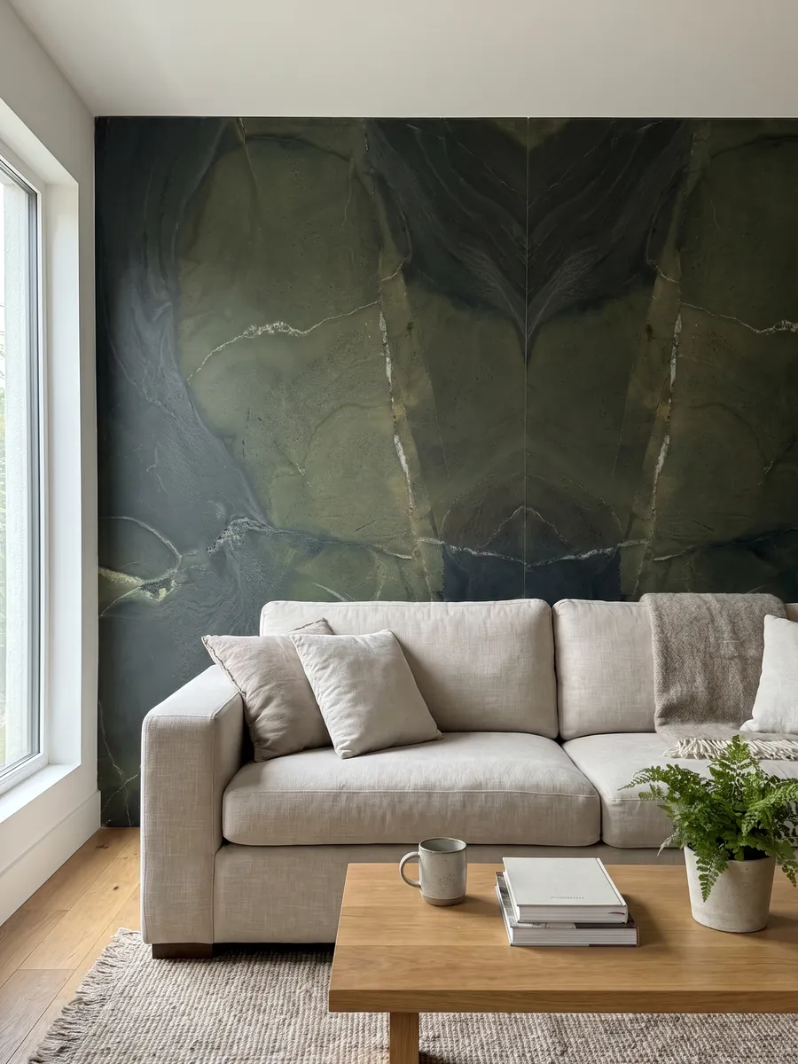 Pared de sala revestida con placas de cuarcita verde Avocatus abiertas en libro detrás de un sofá: verde profundo por zonas, cruzado por unas pocas líneas blancas finas
