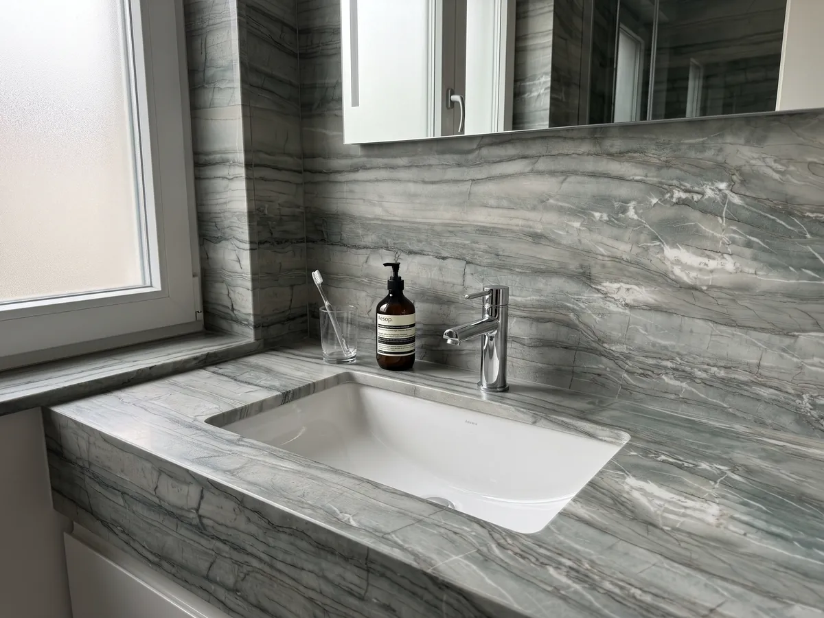Cubierta de lavabo y pared de baño en cuarcita verde Cristallo Tiffany con lavamanos blanco y grifería cromada: verde salvia en bandas horizontales con líneas oscuras y toques blancos