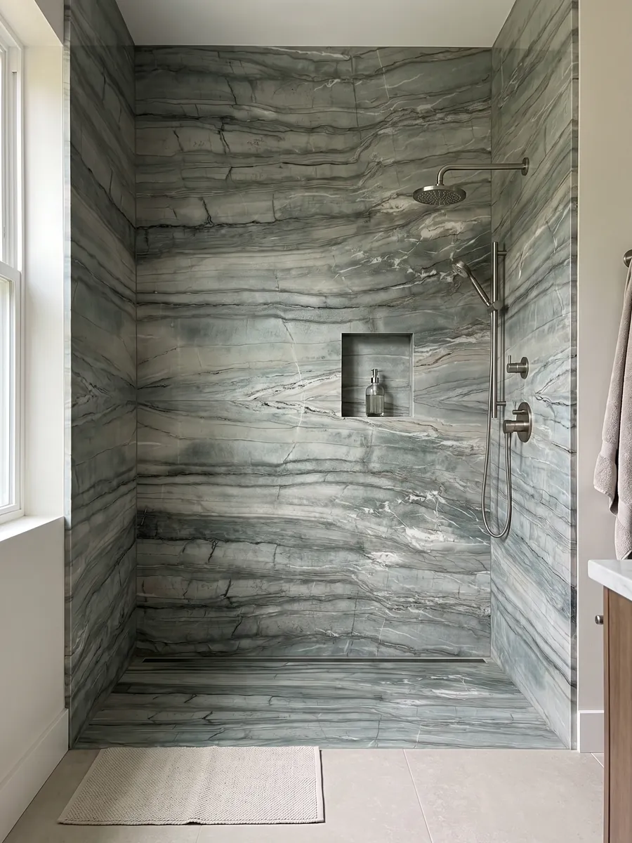 Ducha revestida con placas enteras de cuarcita verde Cristallo Tiffany con nicho empotrado: verde salvia en bandas horizontales con líneas oscuras y toques blancos
