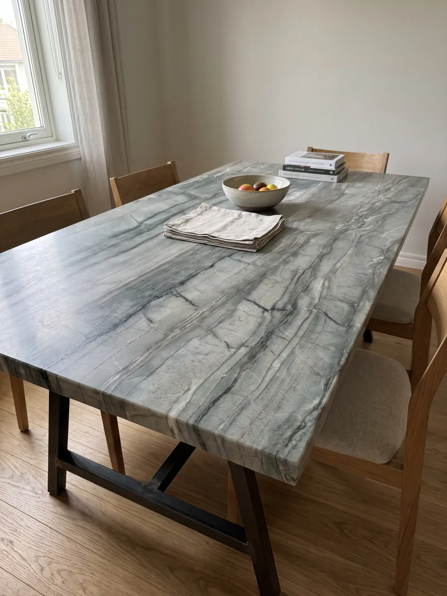 Mesa de comedor con cubierta de cuarcita verde Cristallo Tiffany sobre base de acero: verde salvia en bandas horizontales con líneas oscuras y toques blancos