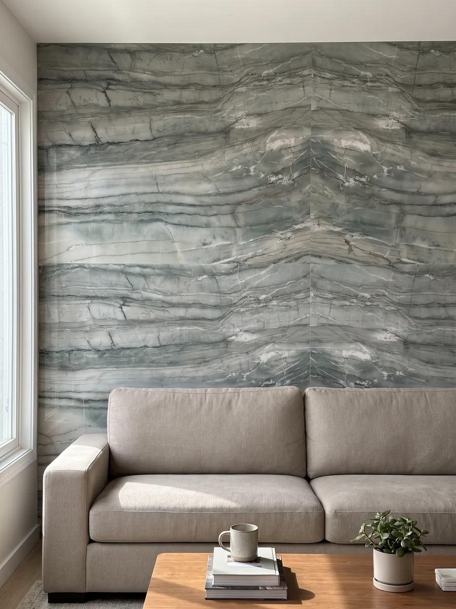 Pared de sala revestida con placas de cuarcita verde Cristallo Tiffany abiertas en libro detrás de un sofá: verde salvia en bandas horizontales con líneas oscuras y toques blancos