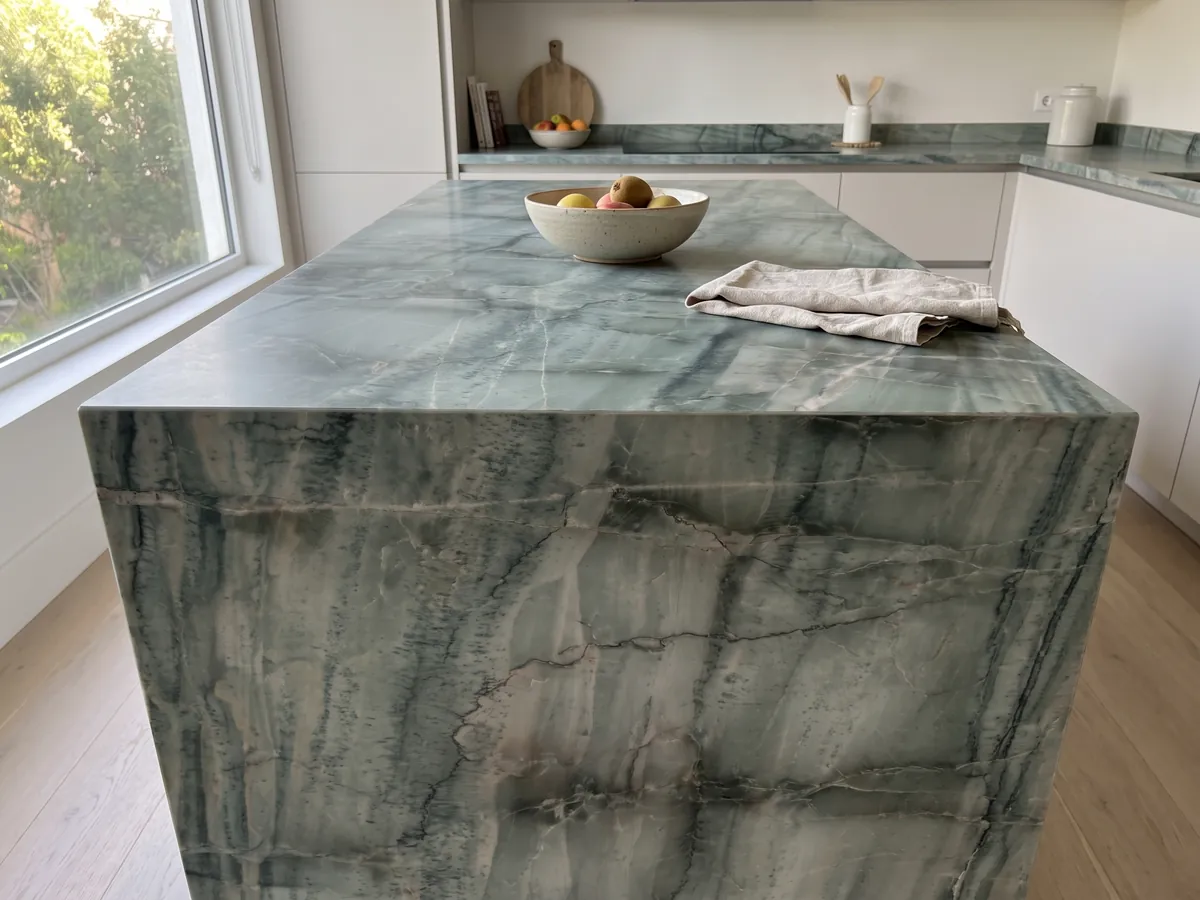 Isla de cocina con cubierta de cuarcita verde da Vinci y canto recto en una cocina con luz natural: verde grisáceo con cuadrícula de vetas oscuras verticales y bandas claras
