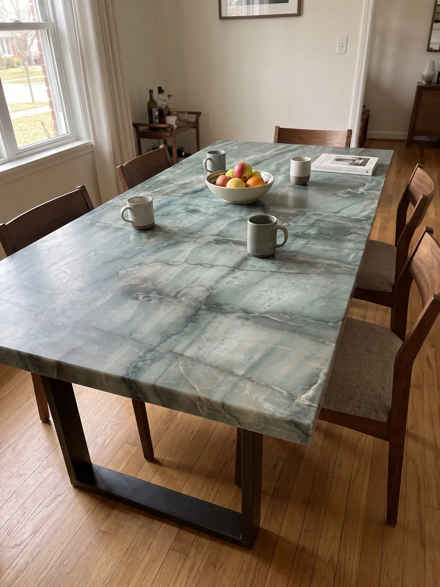 Mesa de comedor con cubierta de cuarcita verde da Vinci sobre base de acero: verde grisáceo con cuadrícula de vetas oscuras verticales y bandas claras