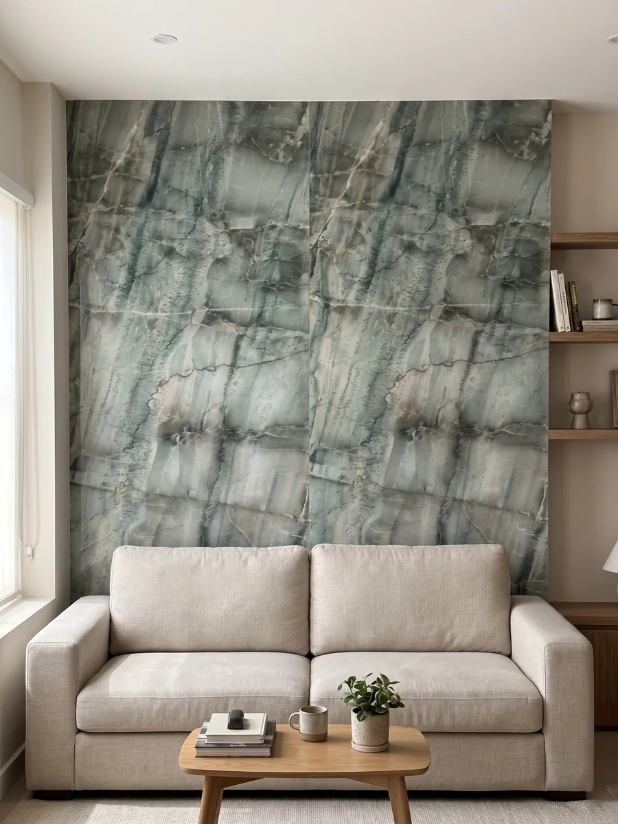 Pared de sala revestida con placas de cuarcita verde da Vinci abiertas en libro detrás de un sofá: verde grisáceo con cuadrícula de vetas oscuras verticales y bandas claras