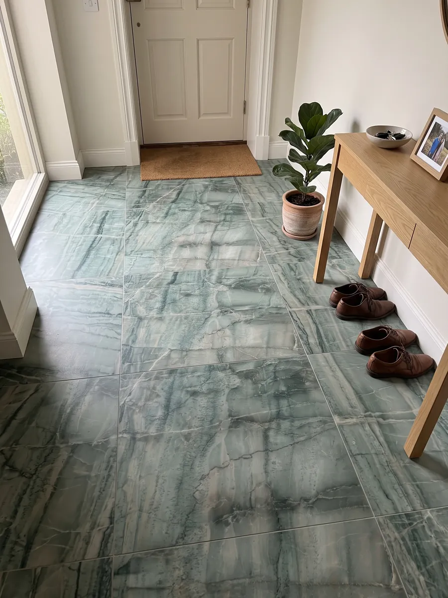 Piso de recibidor en placas grandes de cuarcita verde da Vinci con luz natural: verde grisáceo con cuadrícula de vetas oscuras verticales y bandas claras