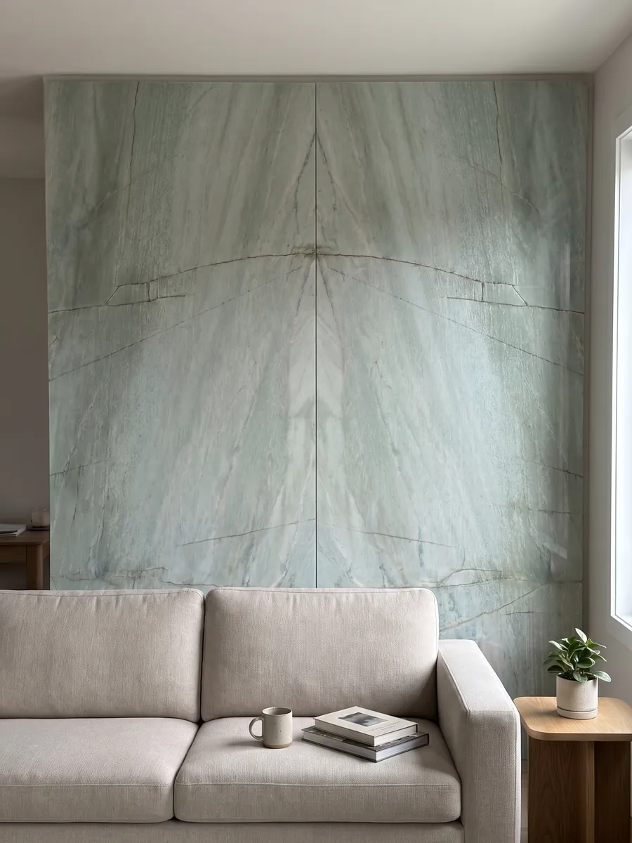 Pared de sala revestida con placas de cuarcita verde Emerald Green abiertas en libro detrás de un sofá: verde agua claro con finas líneas oscuras verticales y pequeños destellos azules