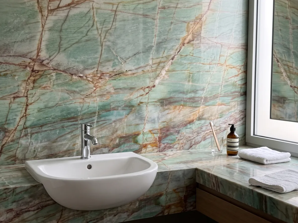 Cubierta de lavabo y pared de baño en cuarcita verde Green Luise con lavamanos blanco y grifería cromada: turquesa con vetas rojo óxido y ocre en cuadrícula irregular