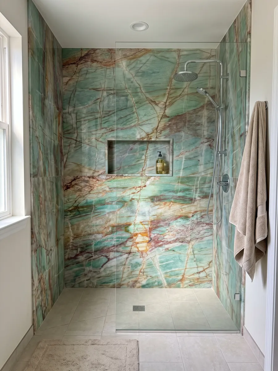 Ducha revestida con placas enteras de cuarcita verde Green Luise con nicho empotrado: turquesa con vetas rojo óxido y ocre en cuadrícula irregular