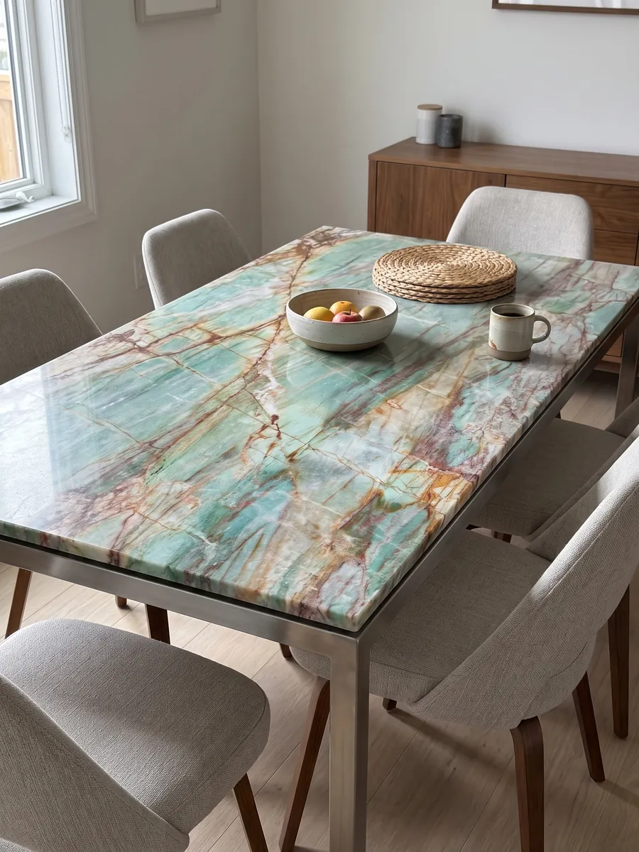 Mesa de comedor con cubierta de cuarcita verde Green Luise sobre base de acero: turquesa con vetas rojo óxido y ocre en cuadrícula irregular