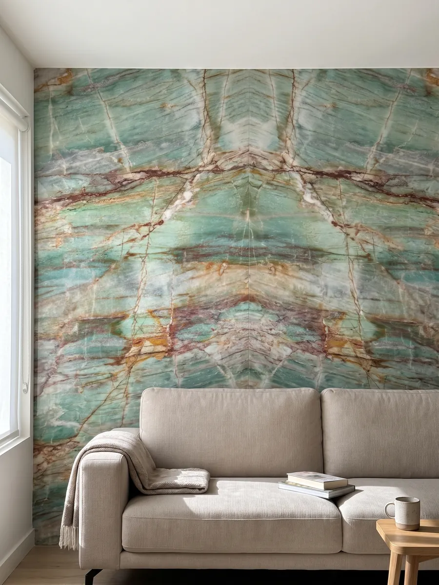 Pared de sala revestida con placas de cuarcita verde Green Luise abiertas en libro detrás de un sofá: turquesa con vetas rojo óxido y ocre en cuadrícula irregular