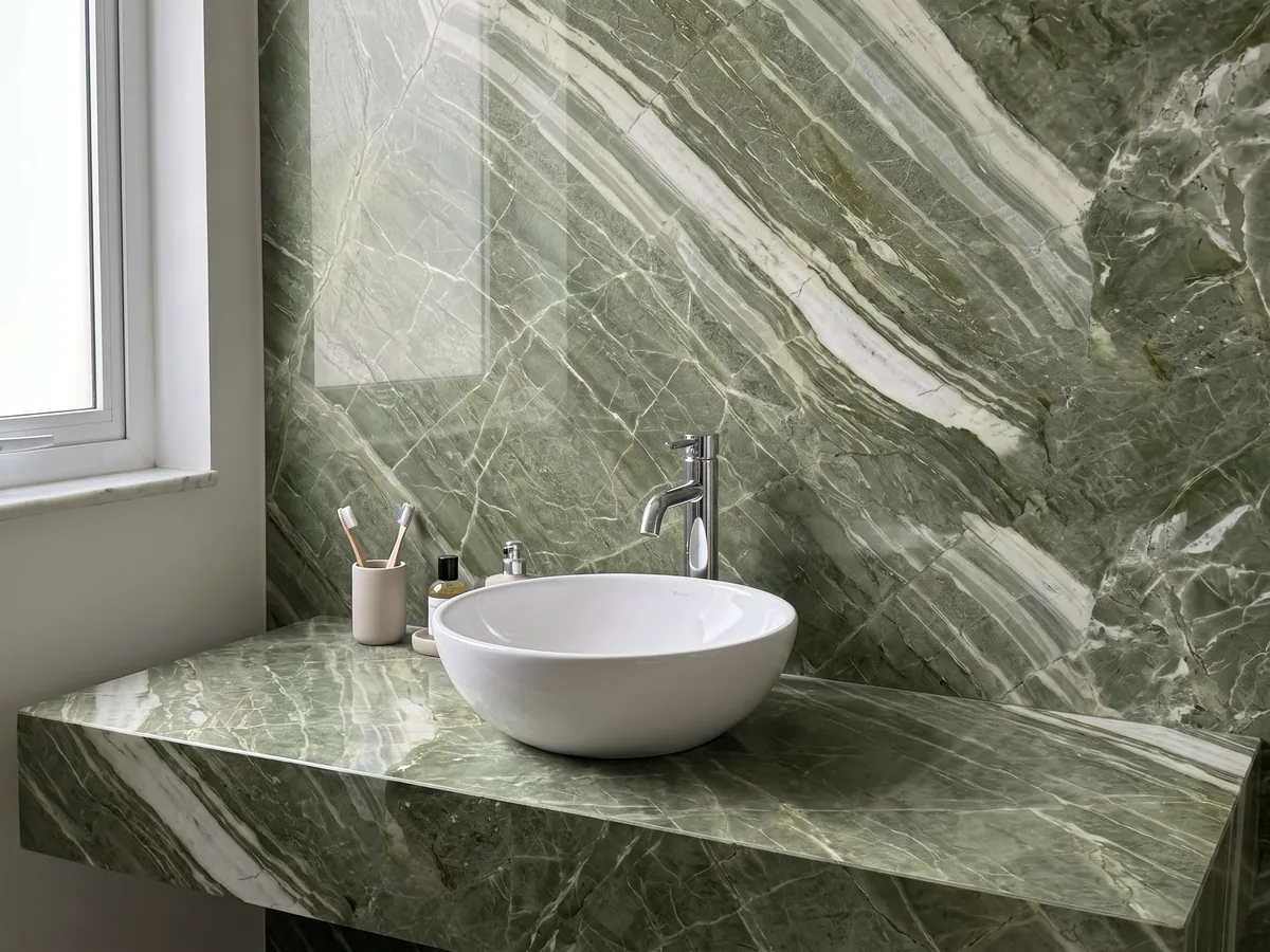 Cubierta de lavabo y pared de baño en cuarcita verde Green Prairie con lavamanos blanco y grifería cromada: verde intenso con anchas franjas blanco verdosas en diagonal