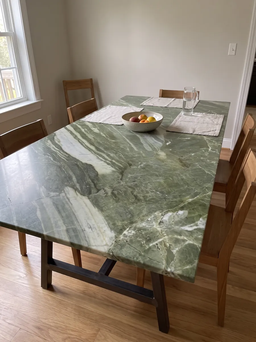 Mesa de comedor con cubierta de cuarcita verde Green Prairie sobre base de acero: verde intenso con anchas franjas blanco verdosas en diagonal