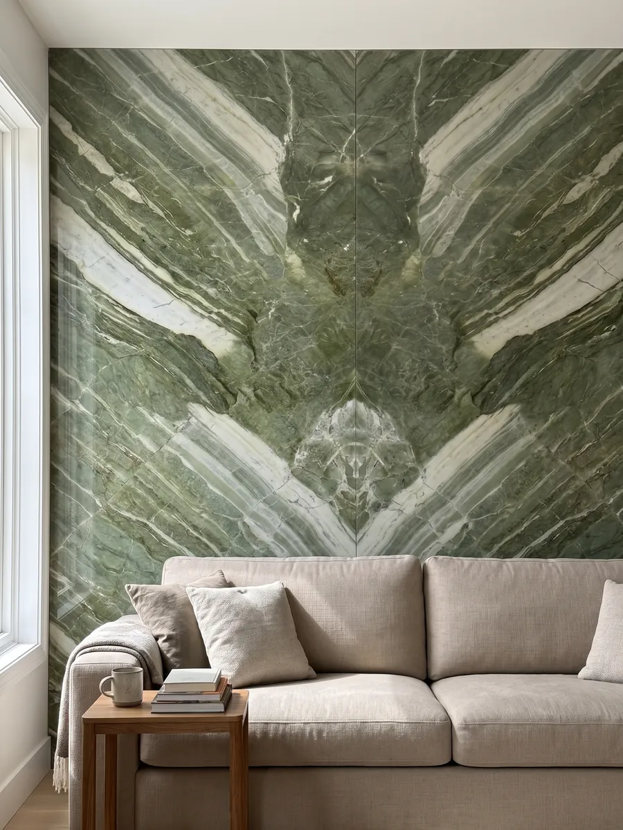 Pared de sala revestida con placas de cuarcita verde Green Prairie abiertas en libro detrás de un sofá: verde intenso con anchas franjas blanco verdosas en diagonal
