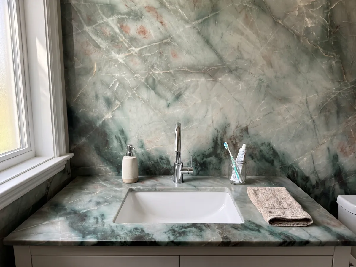 Cubierta de lavabo y pared de baño en cuarcita verde Jadore con lavamanos blanco y grifería cromada: verde salvia nublado con zona verde oscuro en la parte baja