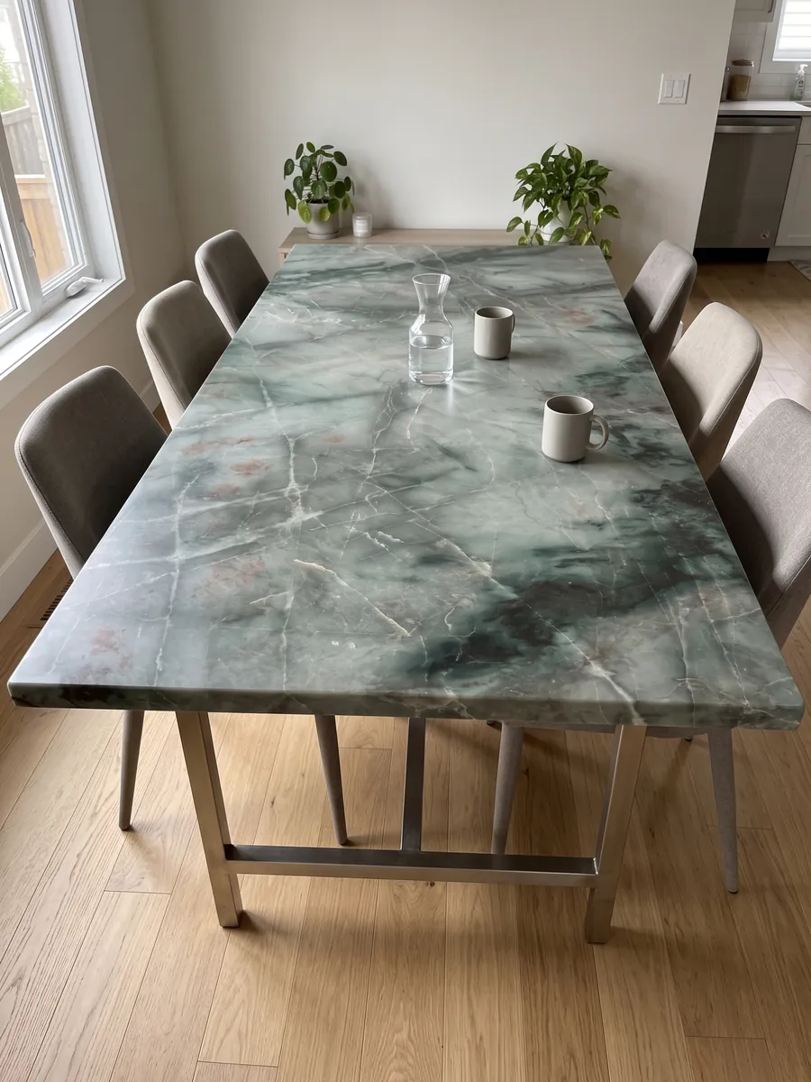 Mesa de comedor con cubierta de cuarcita verde Jadore sobre base de acero: verde salvia nublado con zona verde oscuro en la parte baja