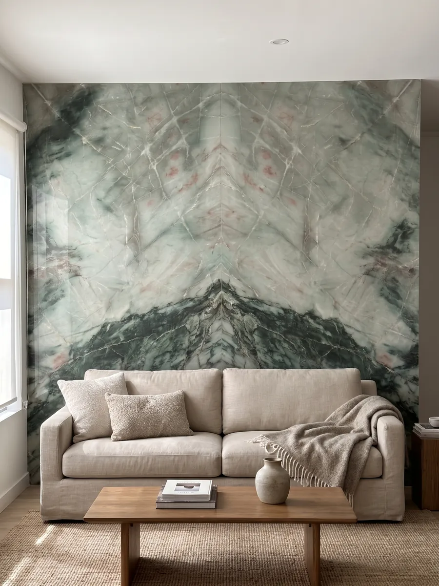Pared de sala revestida con placas de cuarcita verde Jadore abiertas en libro detrás de un sofá: verde salvia nublado con zona verde oscuro en la parte baja