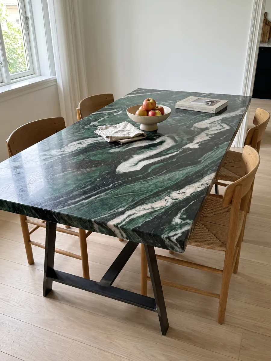 Mesa de comedor con cubierta de cuarcita verde Lapponia Green sobre base de acero: verde esmeralda y negro con grandes ondas blanco rosadas