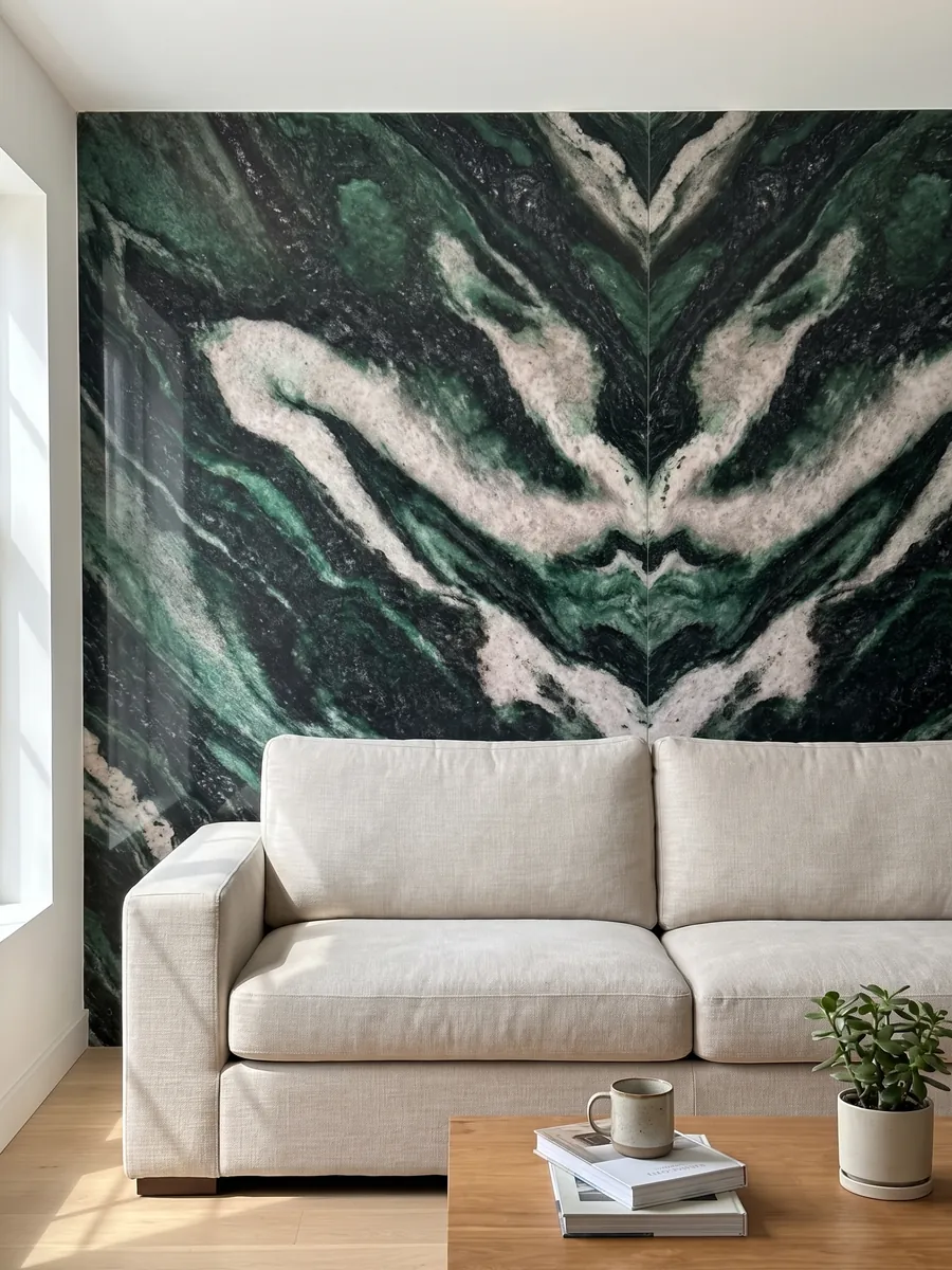 Pared de sala revestida con placas de cuarcita verde Lapponia Green abiertas en libro detrás de un sofá: verde esmeralda y negro con grandes ondas blanco rosadas
