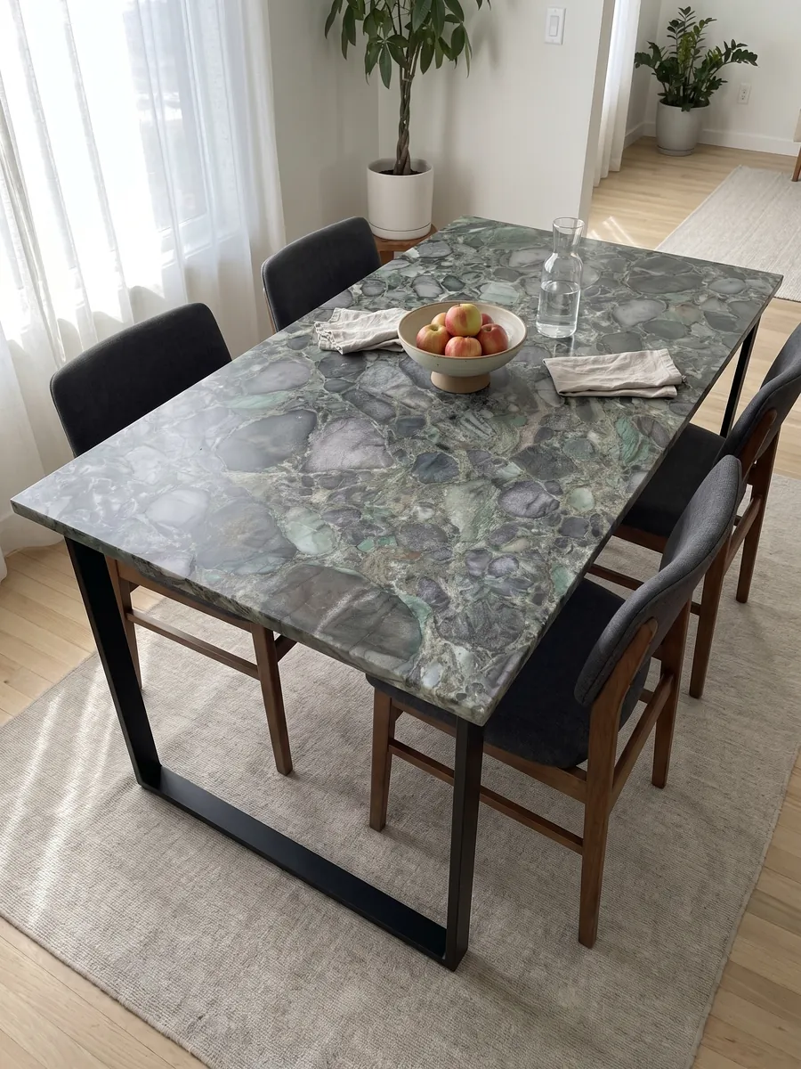 Mesa de comedor con cubierta de cuarcita verde Palladium Green sobre base de acero: clastos redondeados gris violáceo con matriz verde y destellos esmeralda