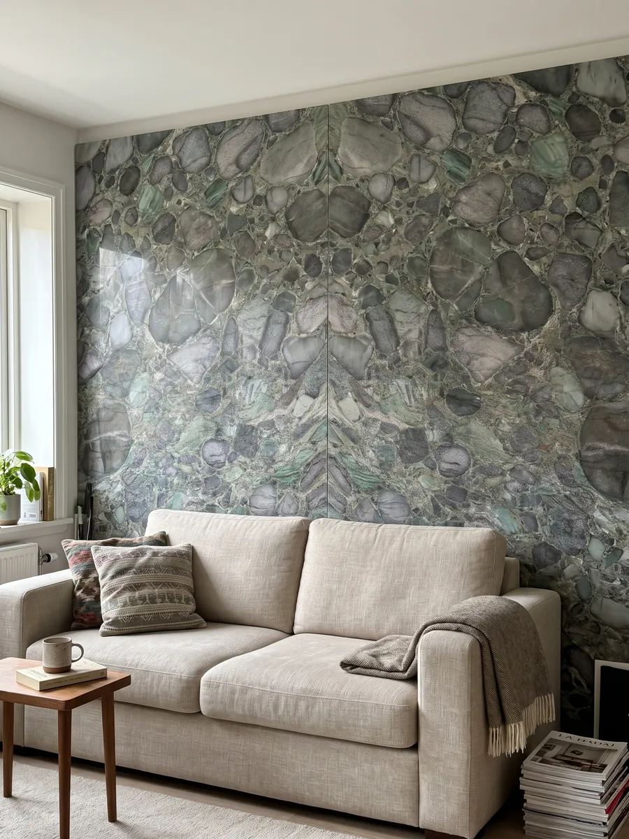 Pared de sala revestida con placas de cuarcita verde Palladium Green abiertas en libro detrás de un sofá: clastos redondeados gris violáceo con matriz verde y destellos esmeralda