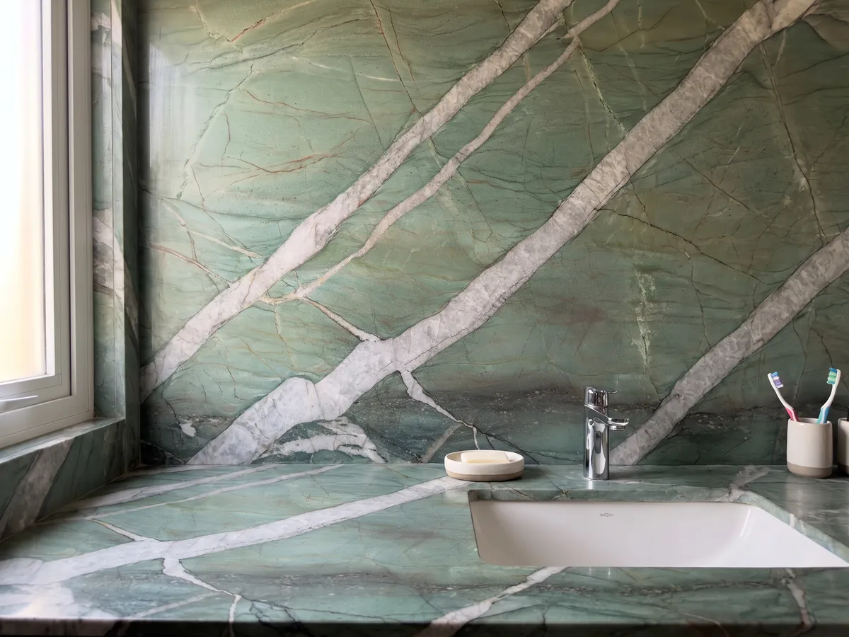 Cubierta de lavabo y pared de baño en cuarcita verde Patagonia Green con lavamanos blanco y grifería cromada: verde jade atravesado por vetas anchas gris claro en diagonal