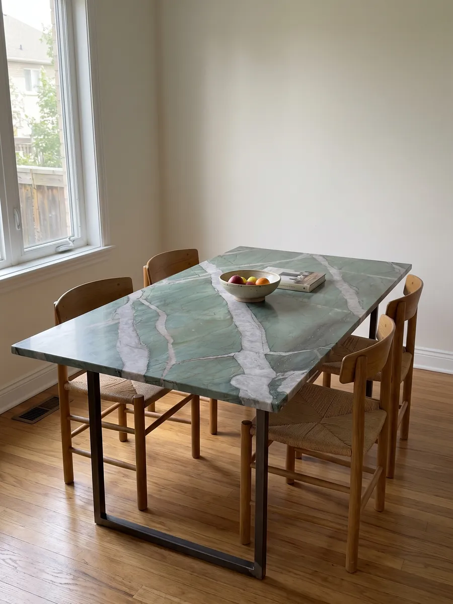 Mesa de comedor con cubierta de cuarcita verde Patagonia Green sobre base de acero: verde jade atravesado por vetas anchas gris claro en diagonal