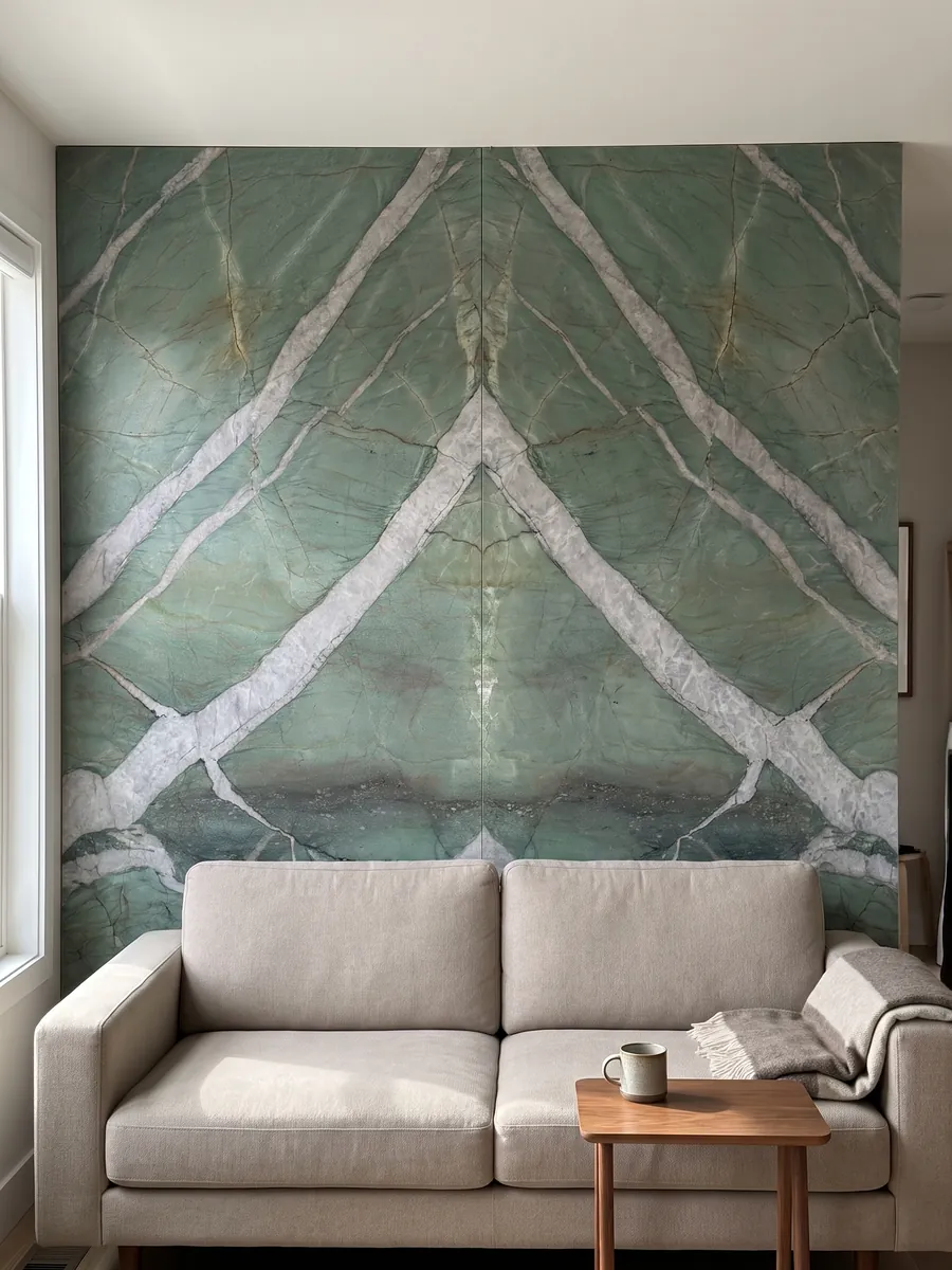 Pared de sala revestida con placas de cuarcita verde Patagonia Green abiertas en libro detrás de un sofá: verde jade atravesado por vetas anchas gris claro en diagonal